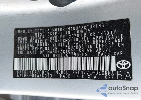 2016 Toyota Corolla Le Plus from USA, damaged, VIN 5YFBURHE3GP399505